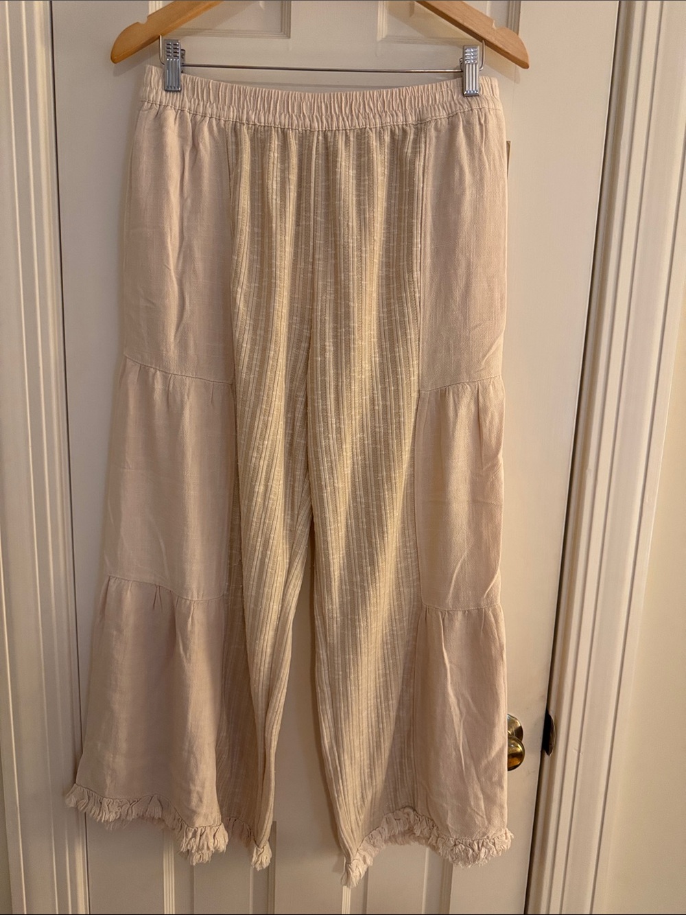 Umgee Textured Linen Blend Tiered Wide-Leg Culotte Pants with Fringe Detail